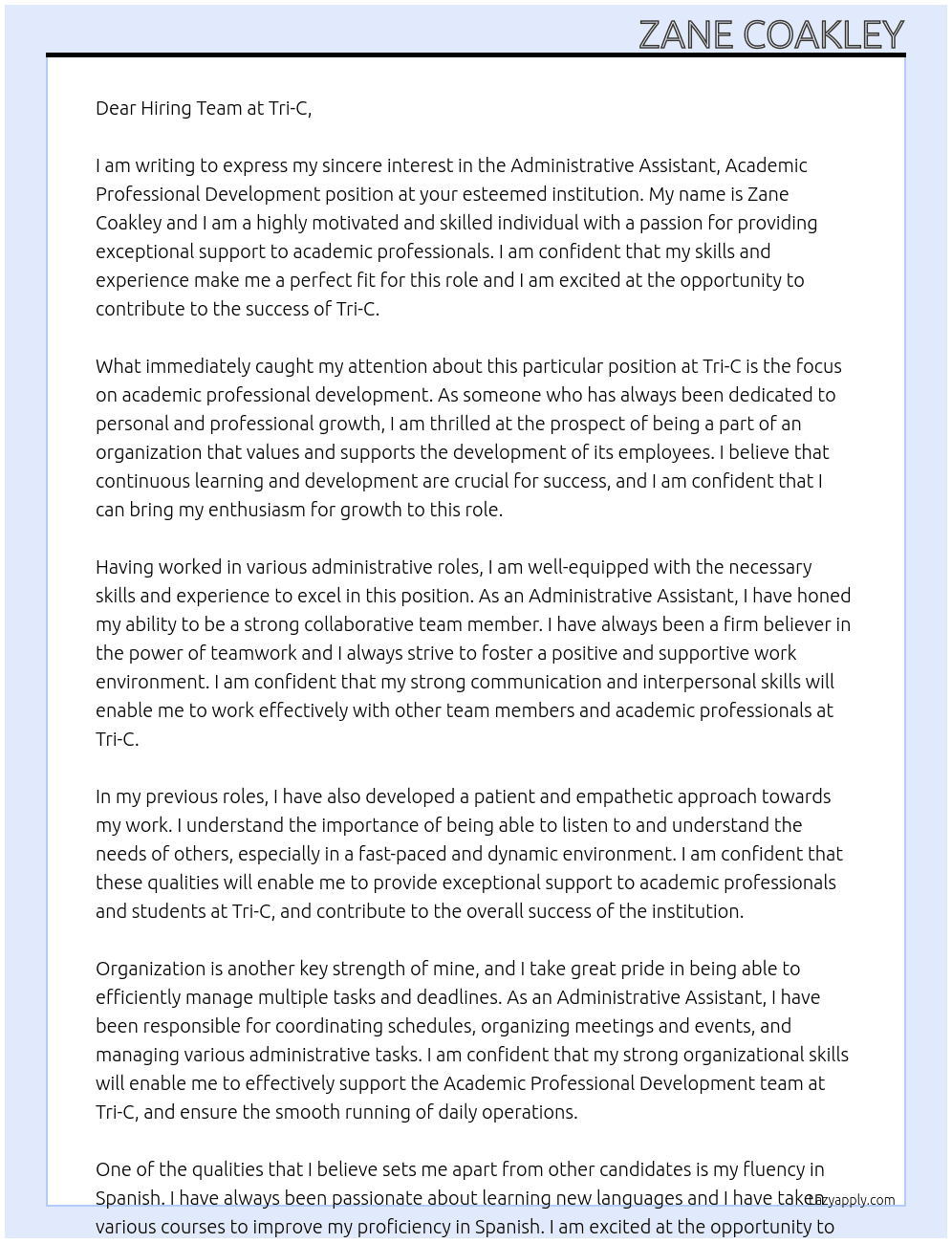 Administrative Assistant, Academic Professional Development At Tri-C Cover Letter