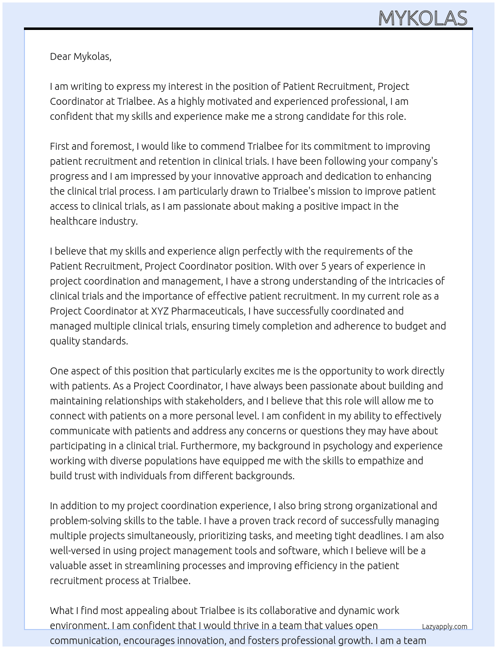 Patient Recruitment, Project Coordinator At Trialbee Cover Letter