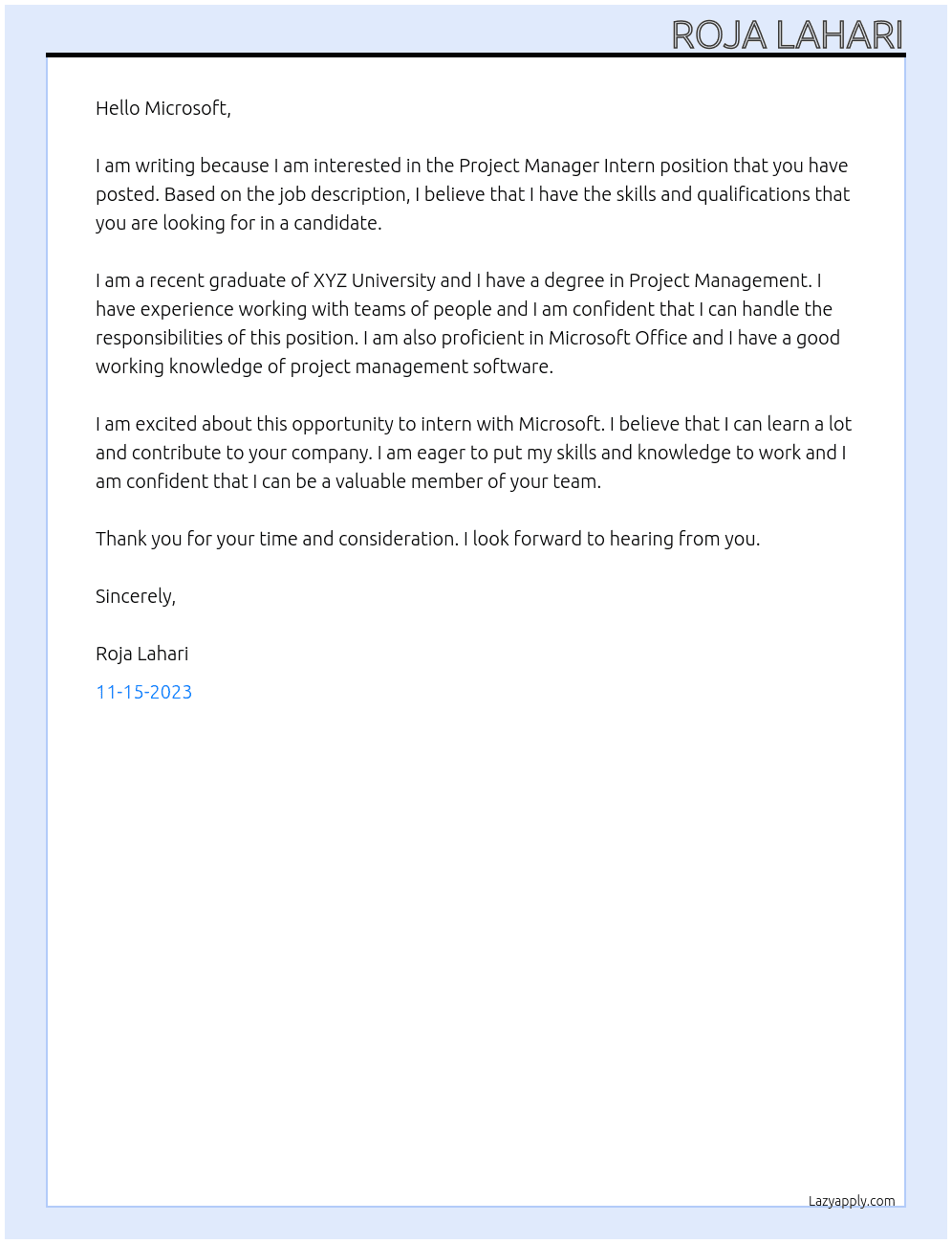 Project manager intern At microsoft Cover Letter
