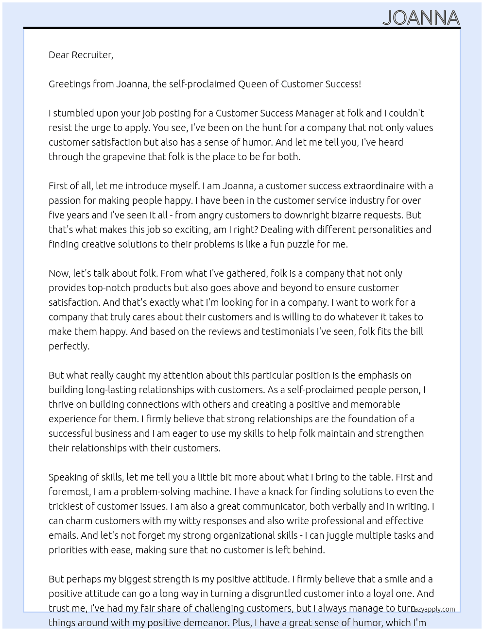 Customer Success Manager At folk Cover Letter