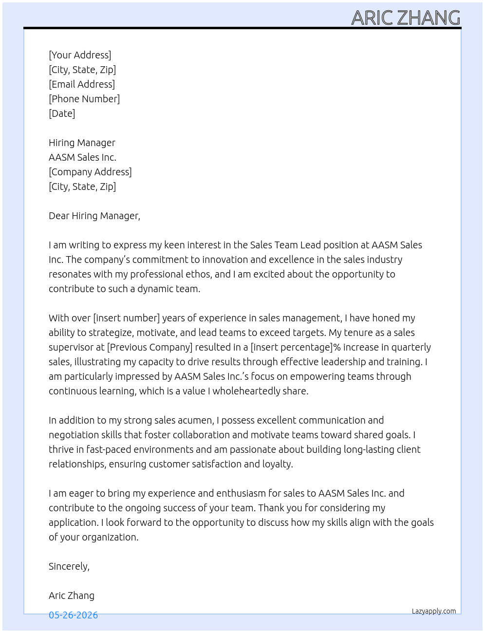 Sales Team Lead At AASM Sales Inc. Cover Letter