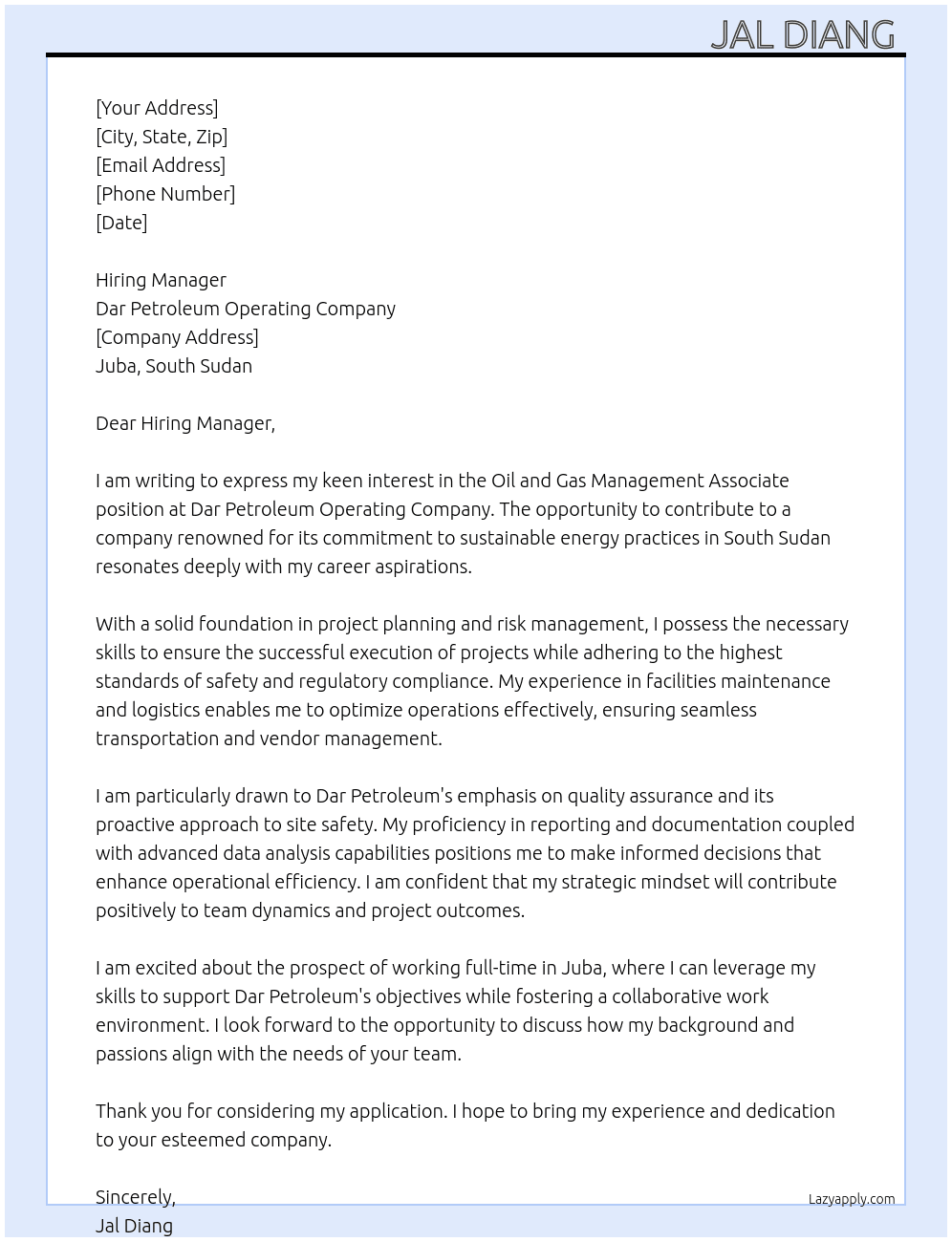 Oil and Gas Management Associate At Dar Petroleum Operating Company Cover Letter