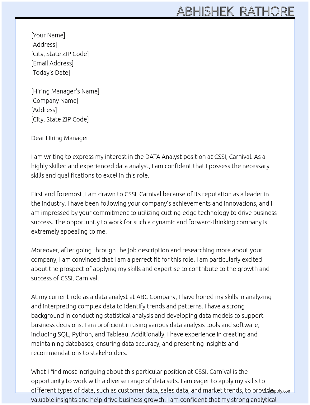 DATA Analyst  At CSSI , Carnival Cover Letter