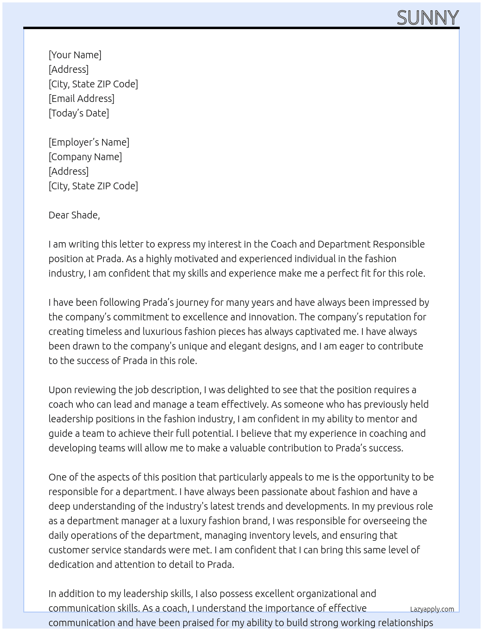 Coach and Department Responsible  At Prada Cover Letter