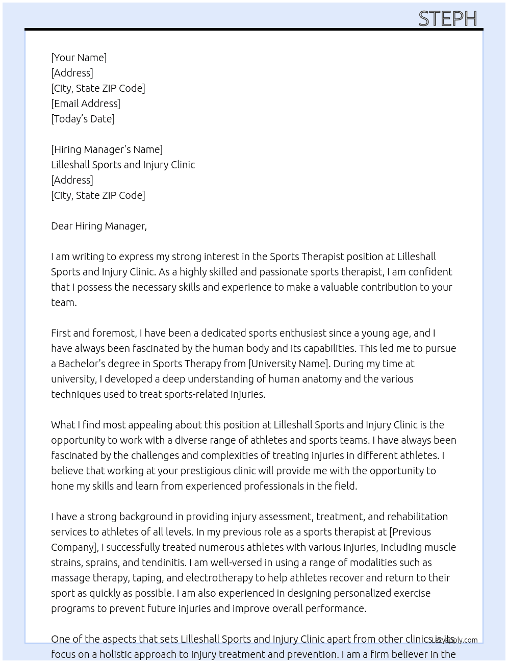 Sports therapist  At Lilleshall Sports and Injury Clinic  Cover Letter