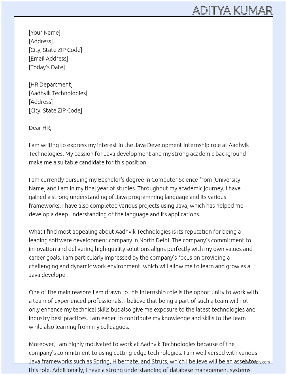 Java development  At Aadhvik Technologies Cover Letter