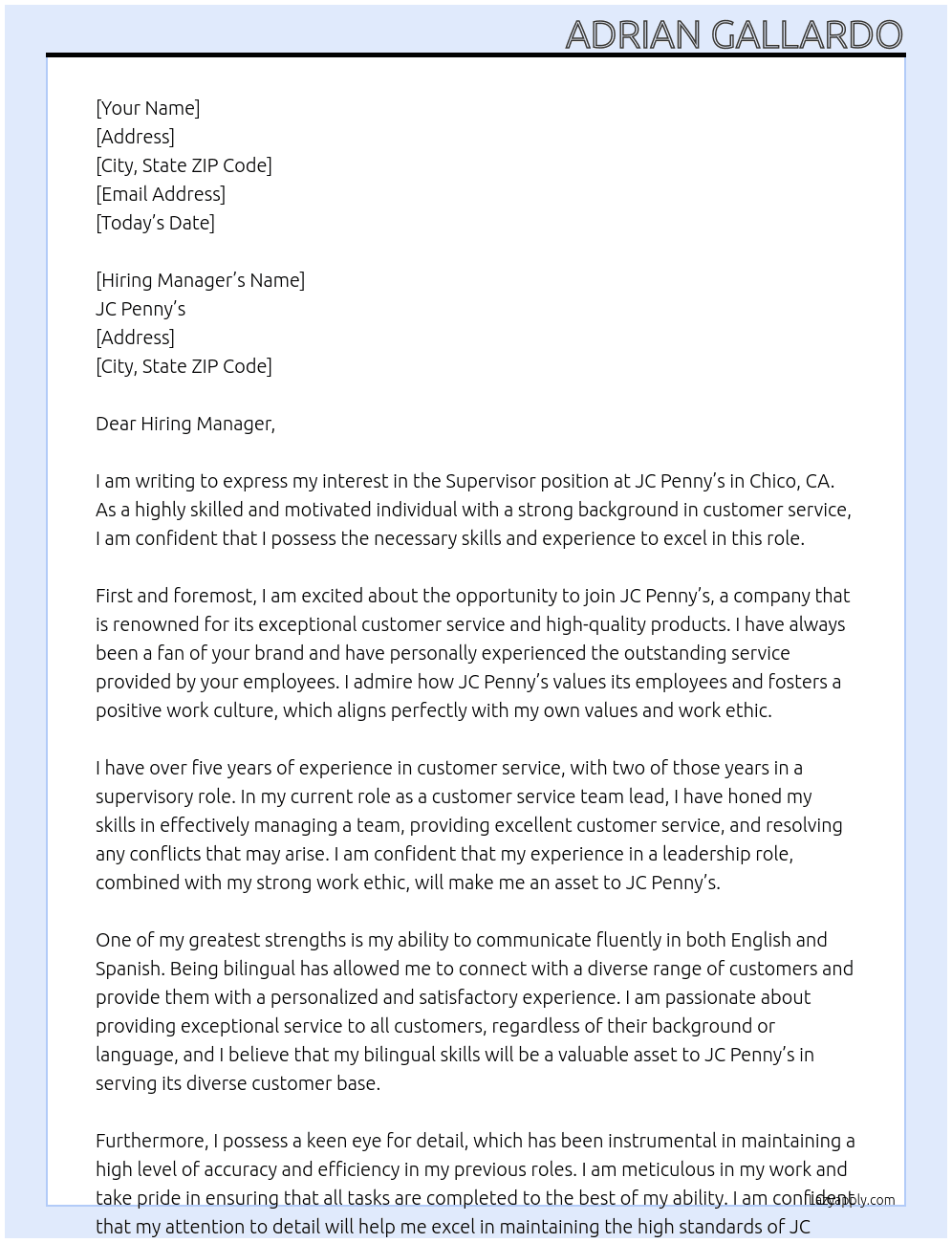 Supervisor  At JC Penny's  Cover Letter