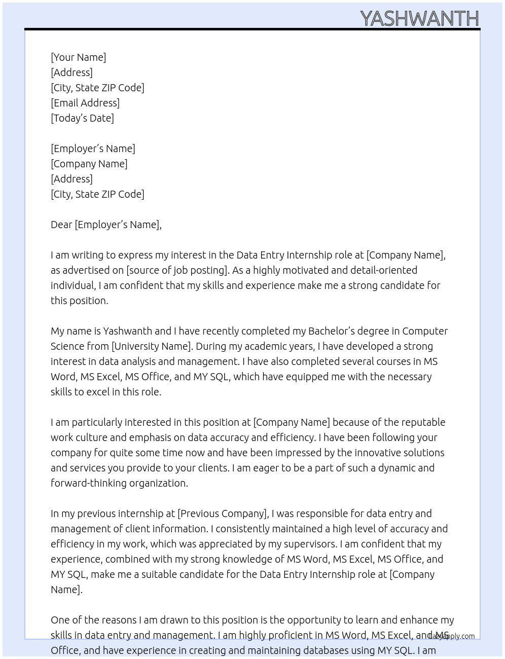 Data Entry  At yashwanth Cover Letter