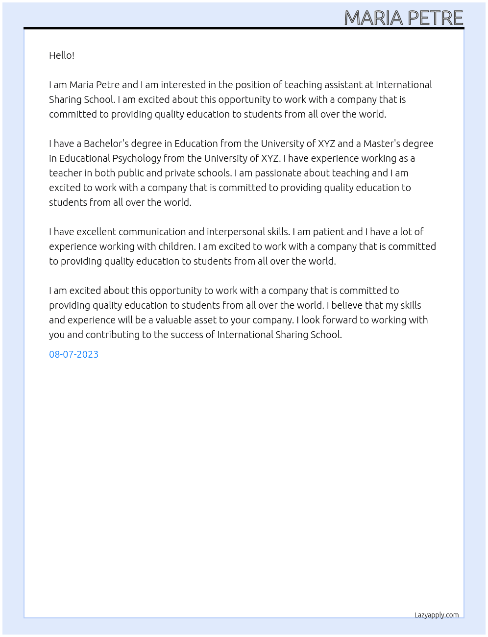 Teaching Assistant At International Sharing School Cover Letter