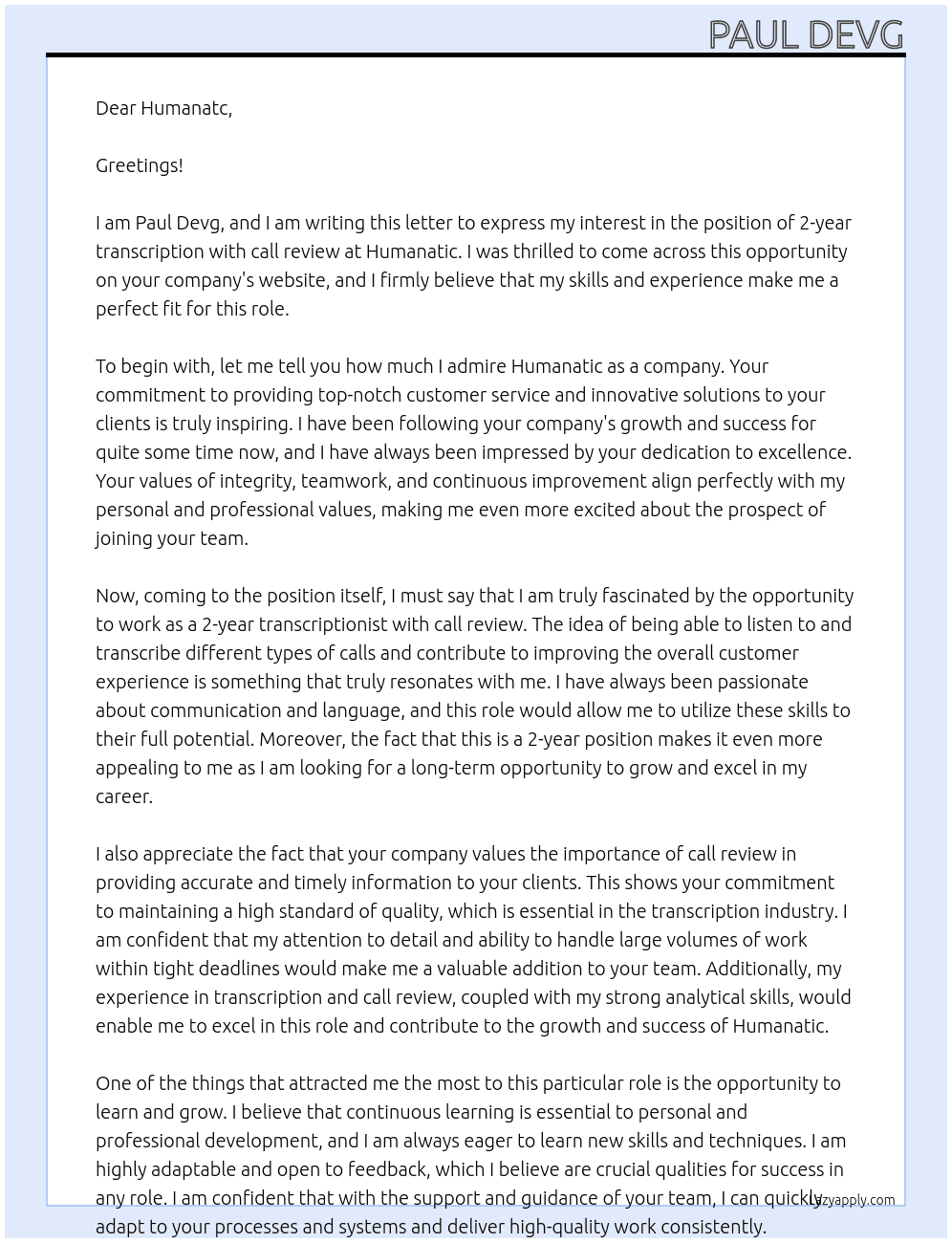 2 year transcription with call review At humanatic Cover Letter