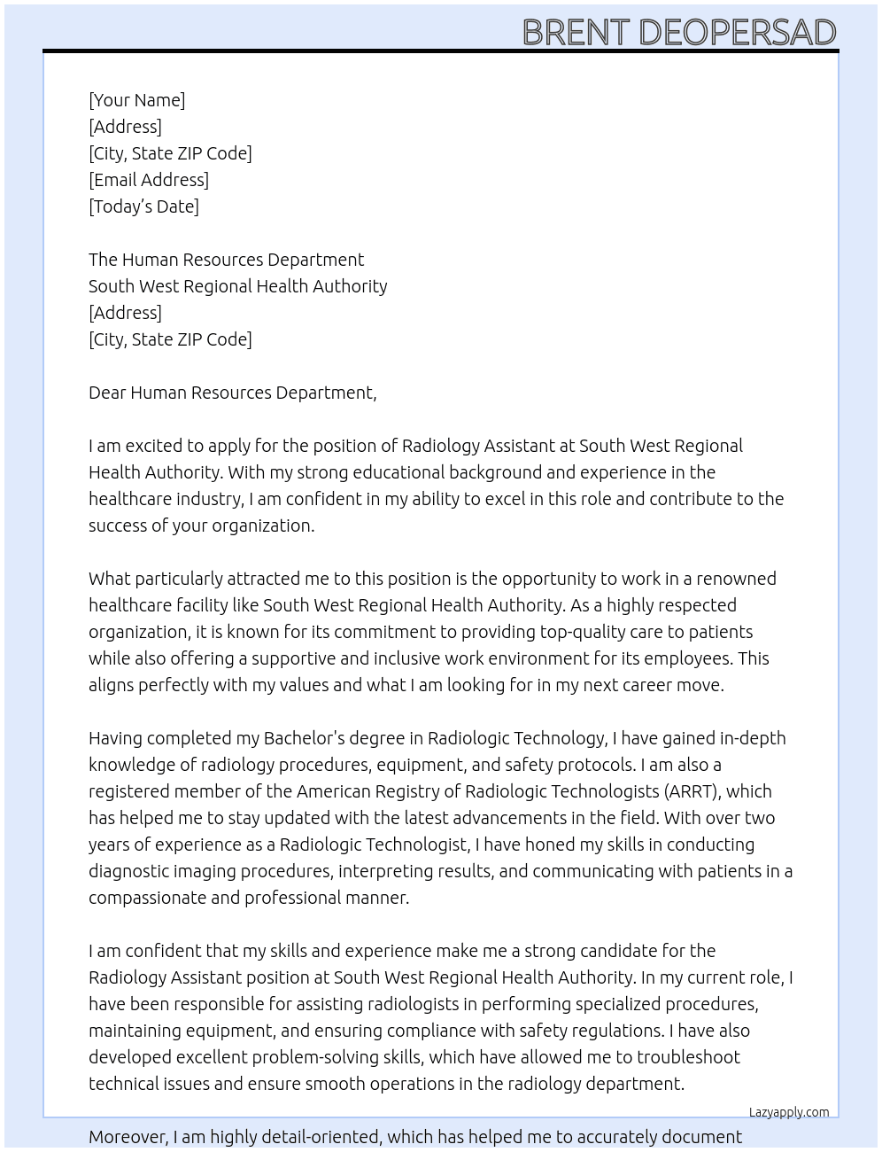 Radiology Assistant At South West Regional Health Authority  Cover Letter