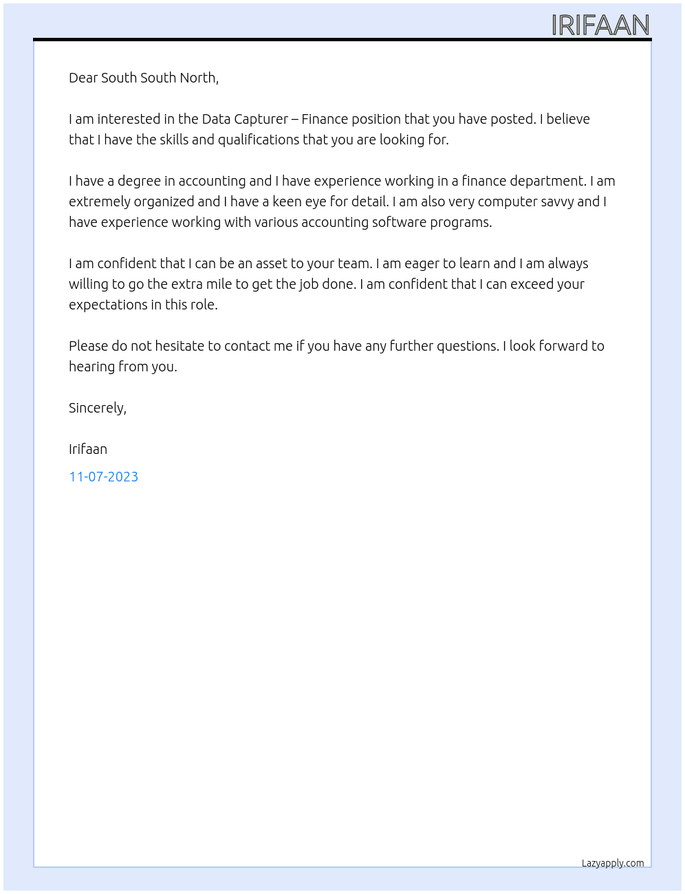 Data Capturer – Finance At South South North Cover Letter