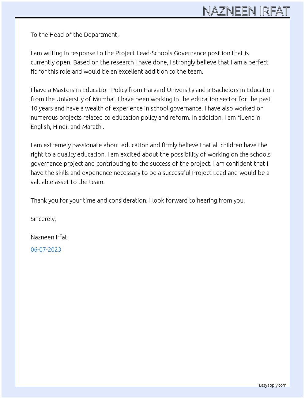 Project Lead-Schools Governance At central square foundation Cover Letter