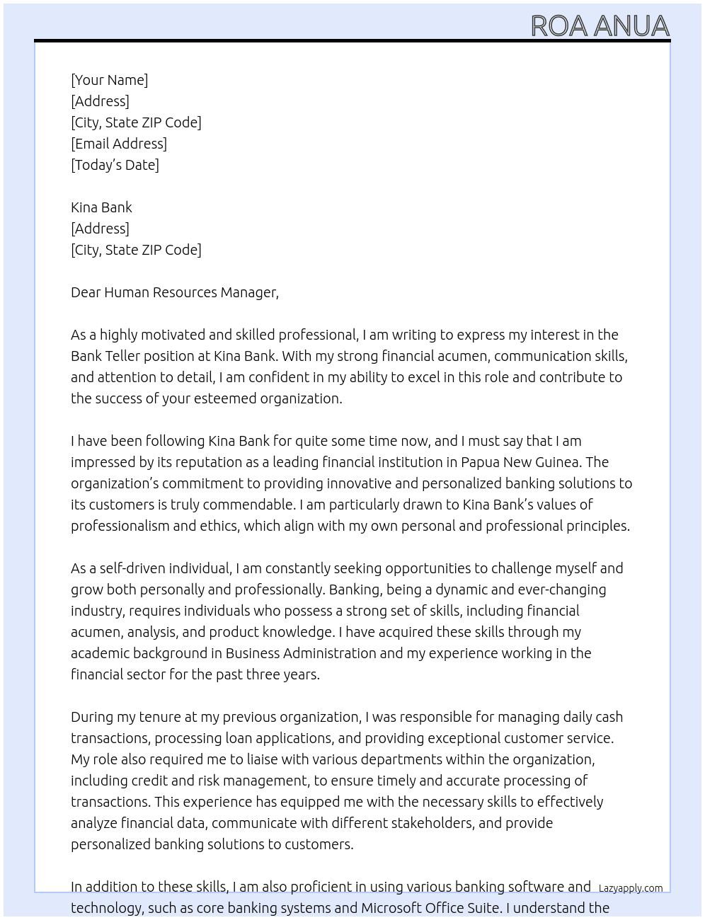 Bank teller  At Kina Bank Cover Letter