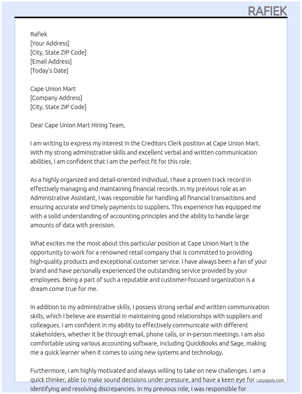 creditors clerk At cape union mart Cover Letter