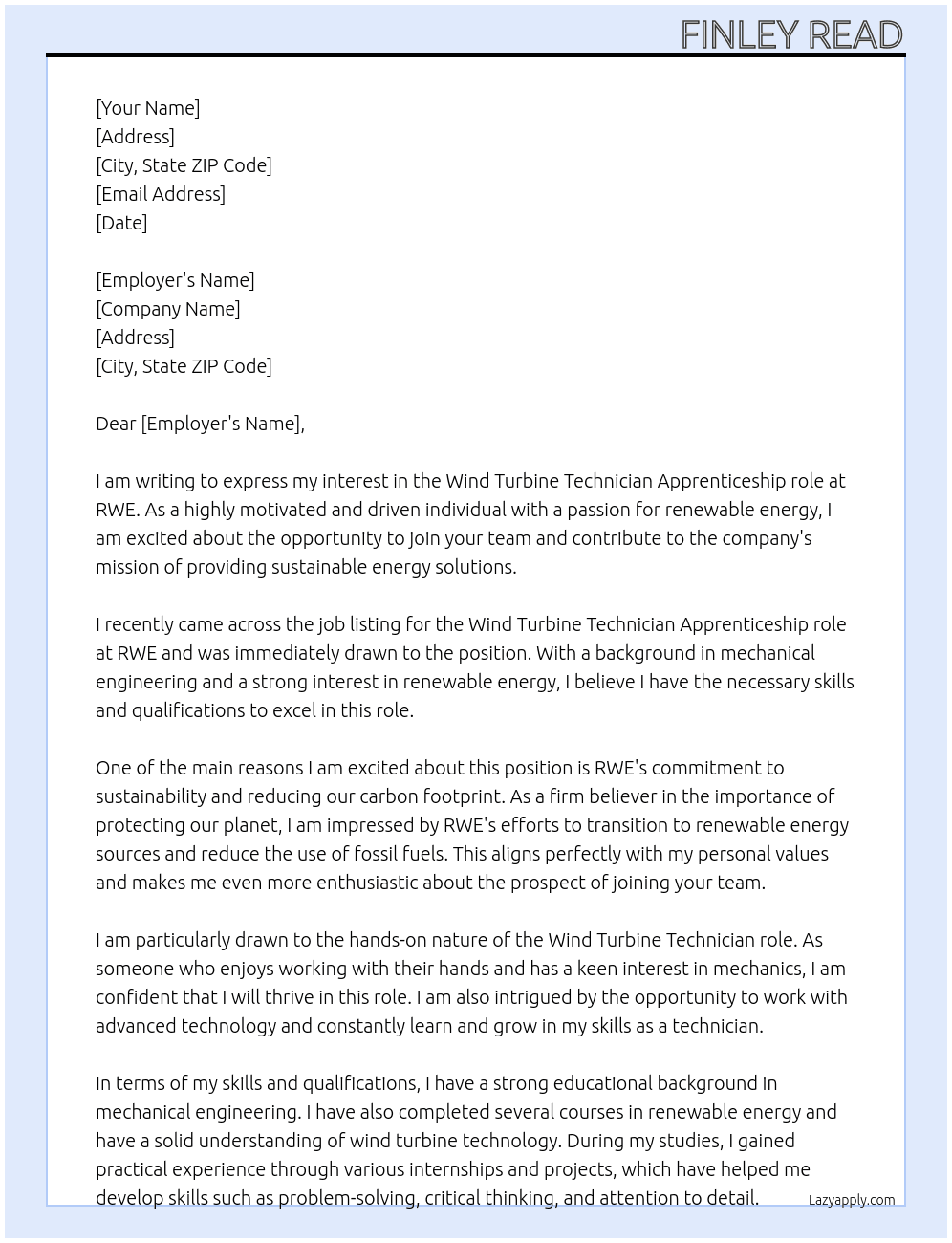 Wind Turbine Technician  At RWE Cover Letter