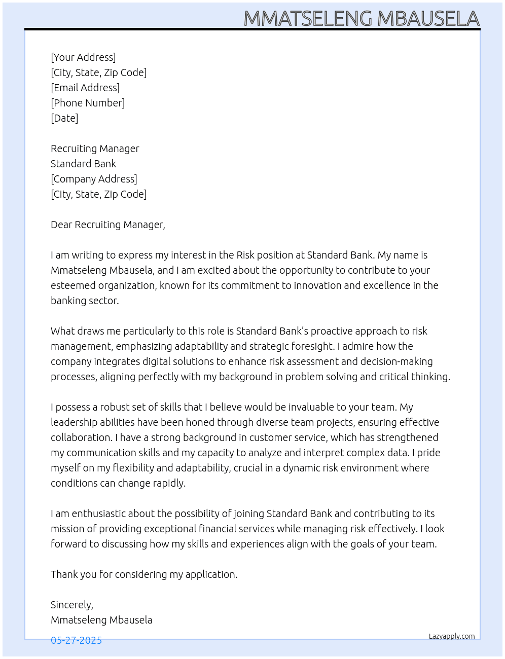 risk At Standard Bank Cover Letter