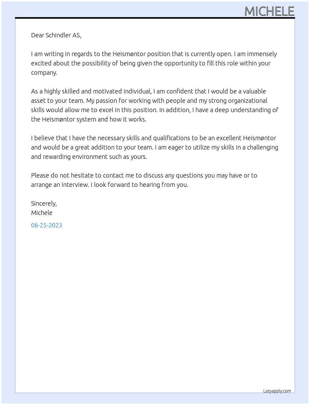Heismøntor At Schindler AS Cover Letter