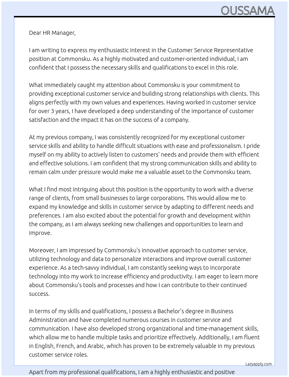Customer Service Representative At Commonsku  Cover Letter