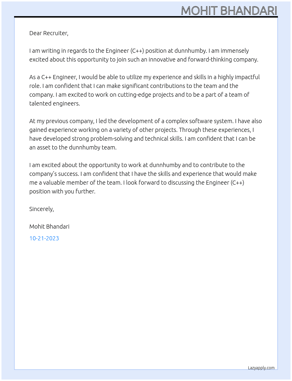 Engineer(C++) At dunnhumby Cover Letter