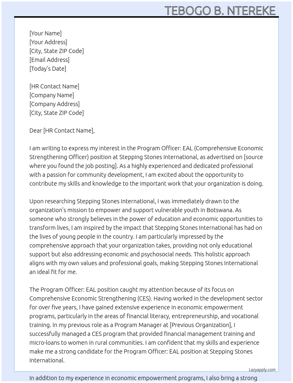 Program Officer:EAL (Comprehensive Economic Strengthening Officer) At Stepping Stones International  Cover Letter