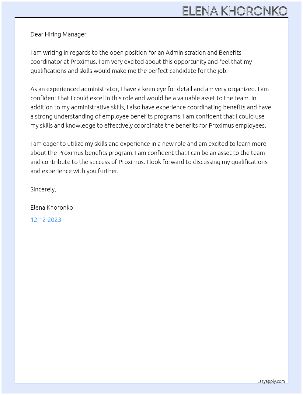 Administration and Benefits coordinator At Proximus Cover Letter
