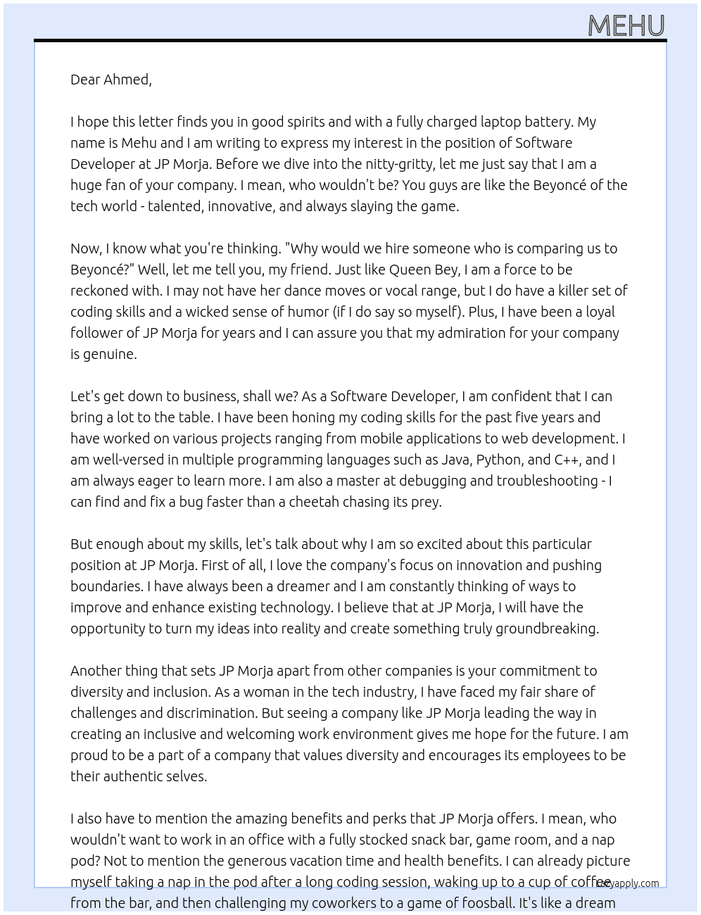 softer devloper At jp morja Cover Letter