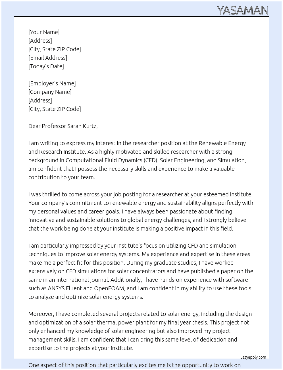 researcher At renewable energy and research institute Cover Letter