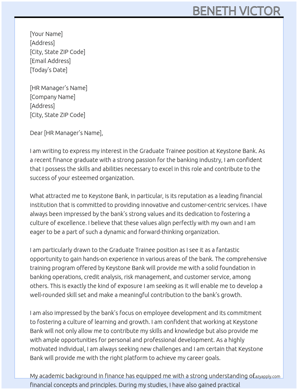 Graduate Trainee  At Keystone Bank  Cover Letter