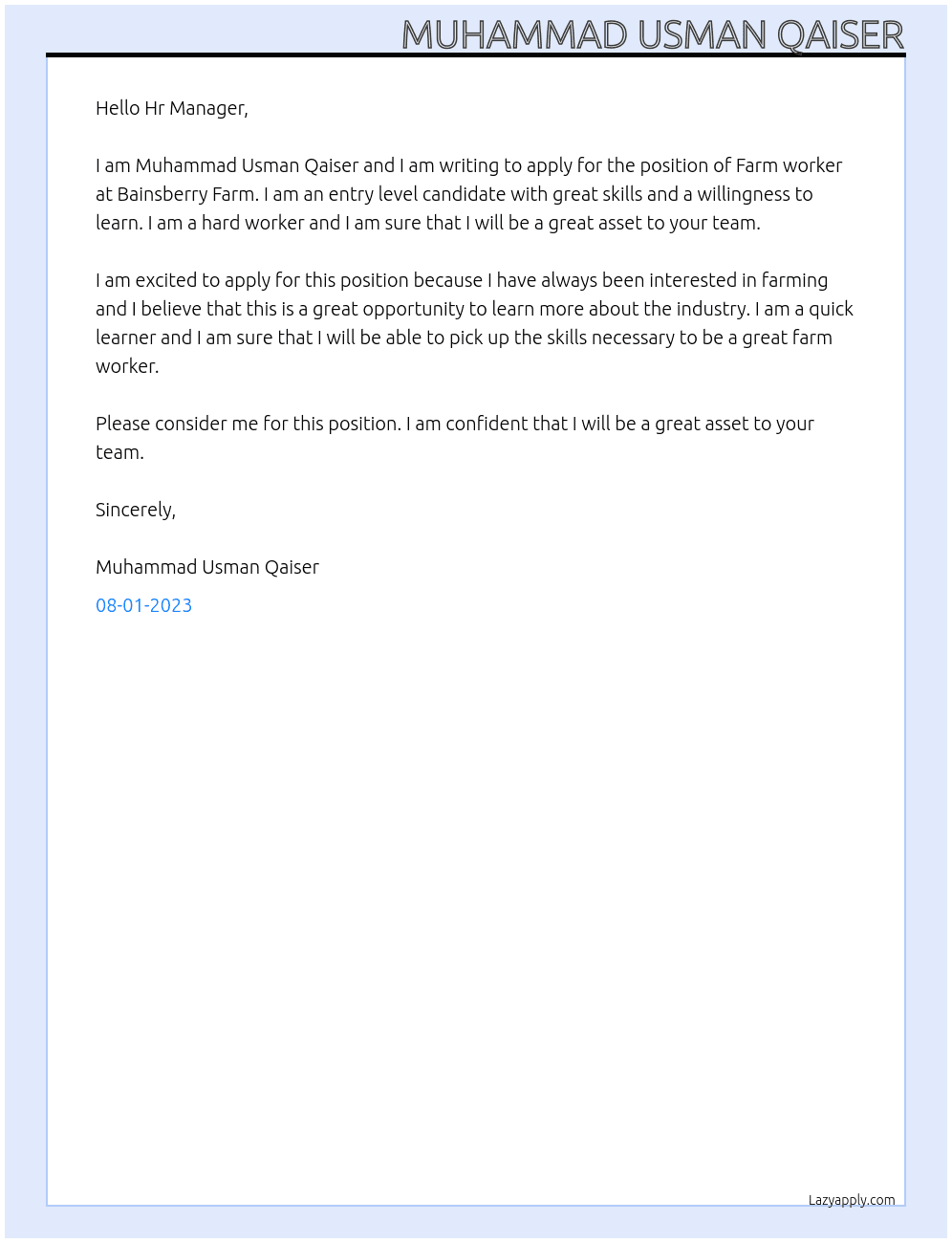 Farm worker  At Bainsberry Farm  Cover Letter