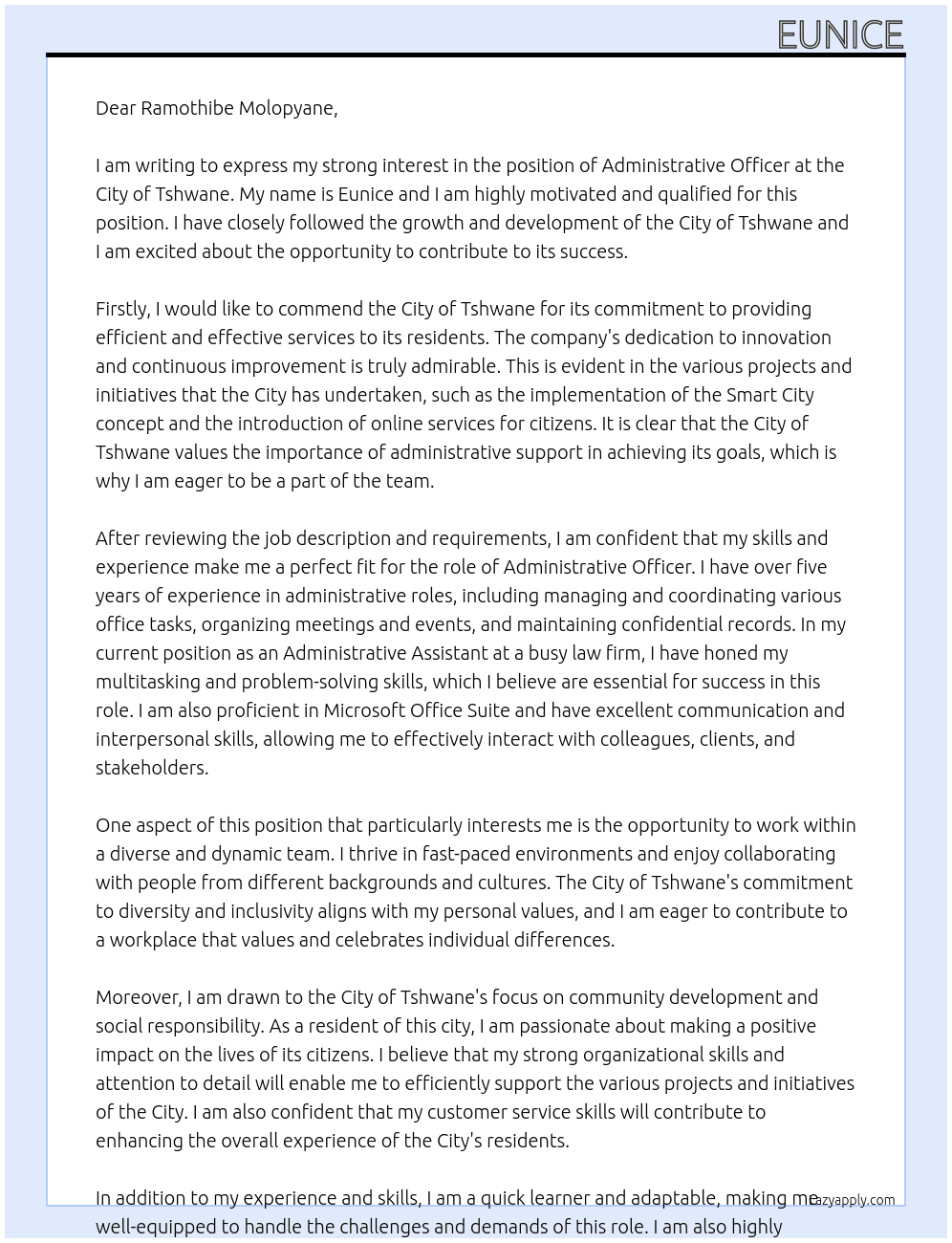 Administrative Officer At City of Tshwane Cover Letter