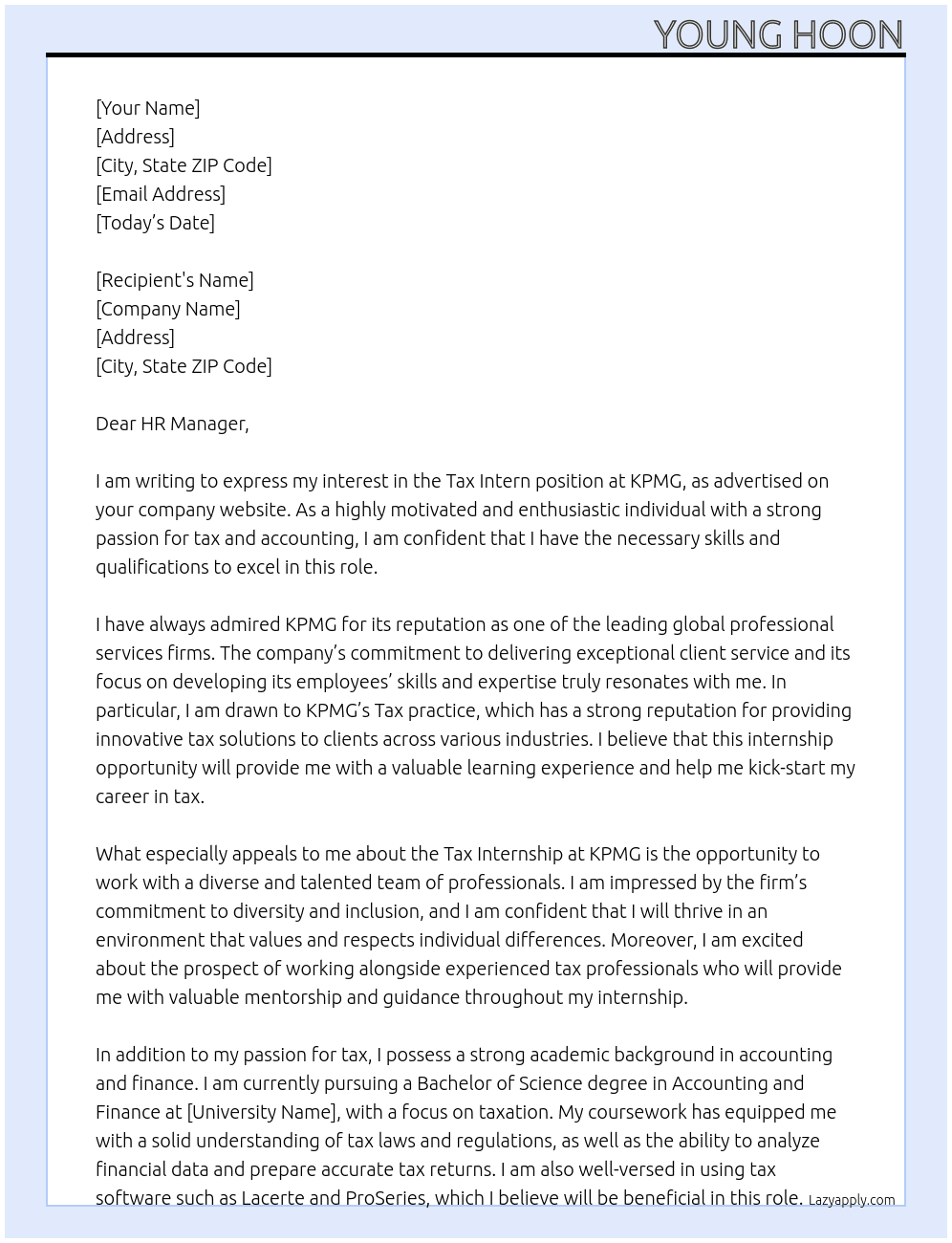 Tax Intern At KPMG Cover Letter