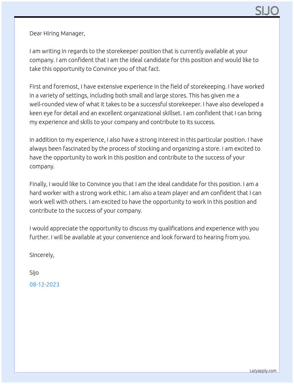 STOREKEEPER At DHATA Cover Letter