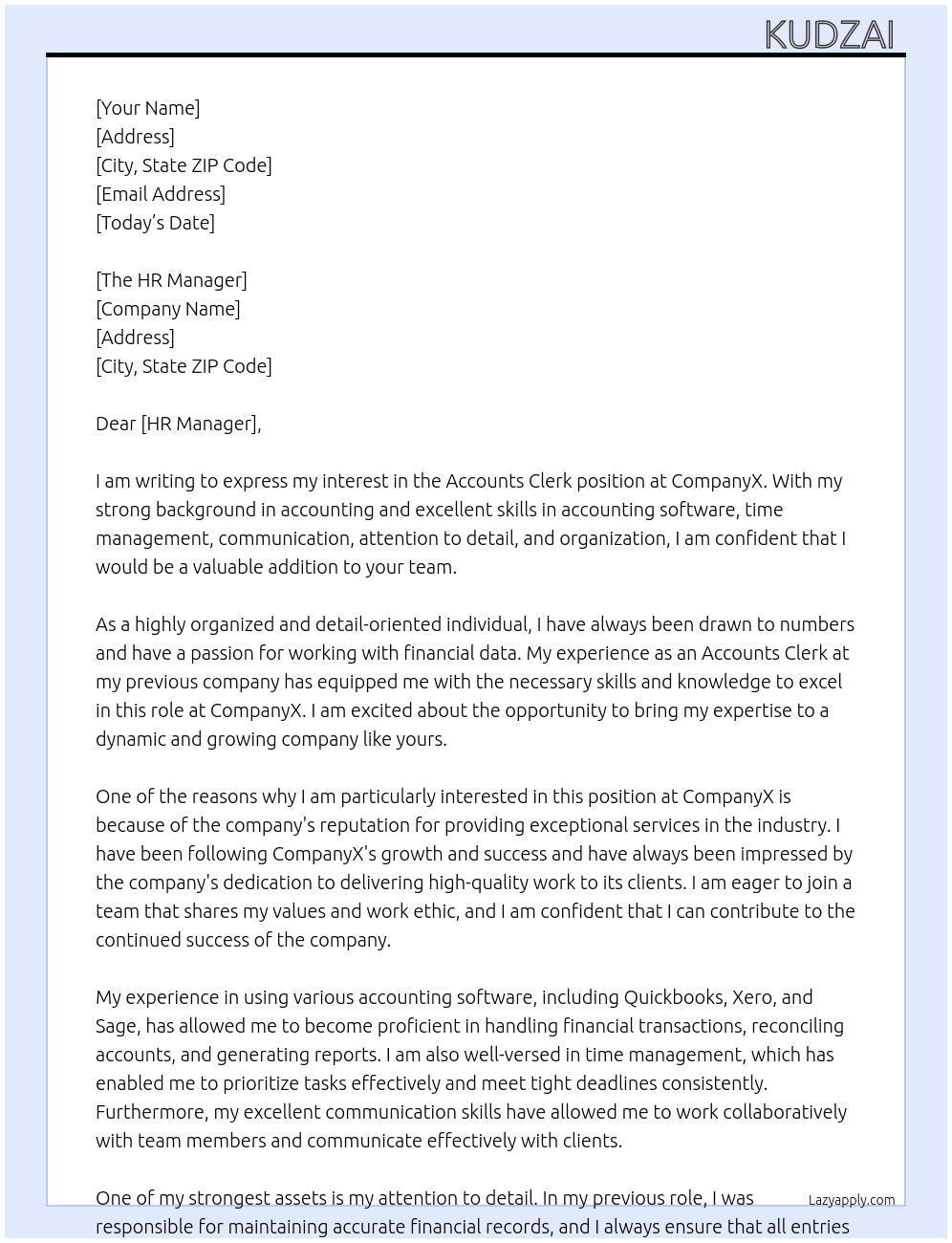 Accounts Clerk At CompanyX Cover Letter