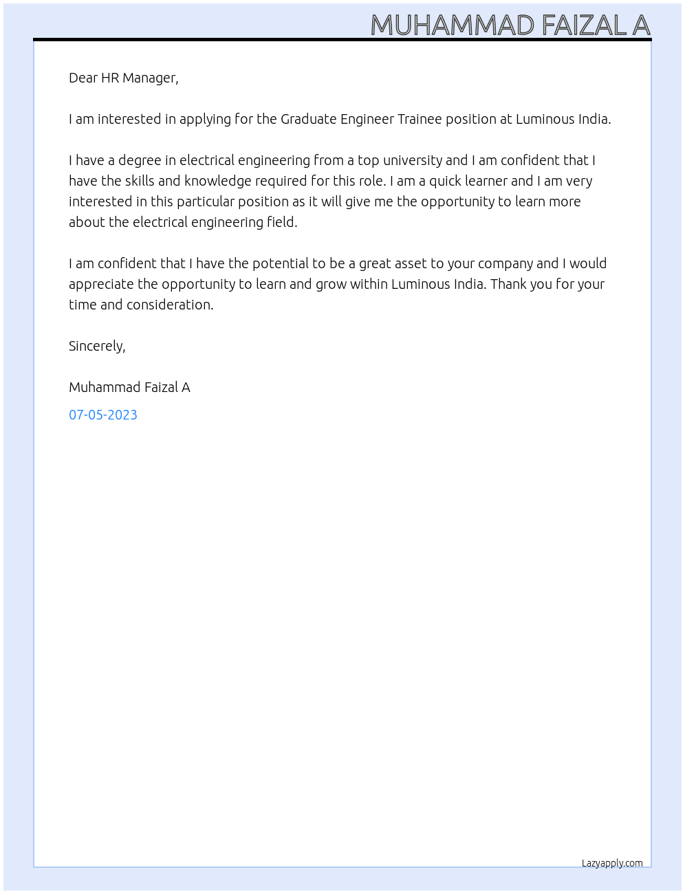 Graduate Engineer Trainee At Luminous India Cover Letter