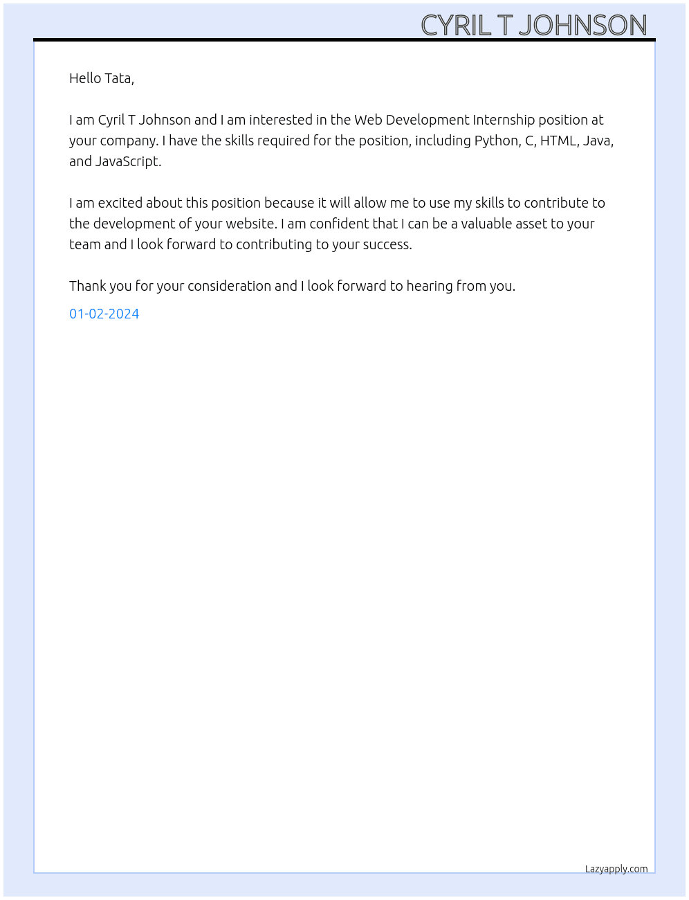 Web Development  At TATA  Cover Letter
