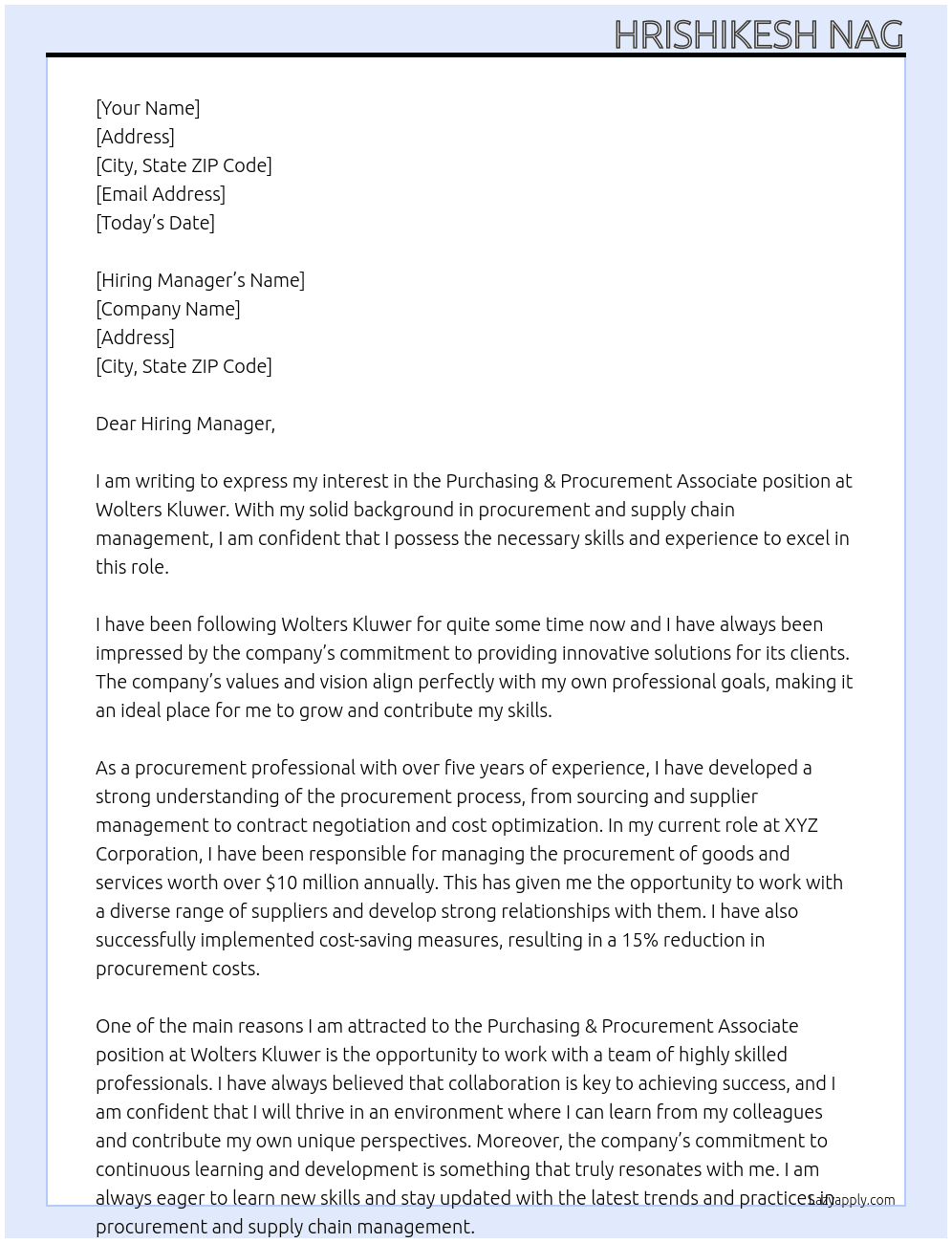 Purchasing & Procurement Associate At Wolters Kluwer Cover Letter