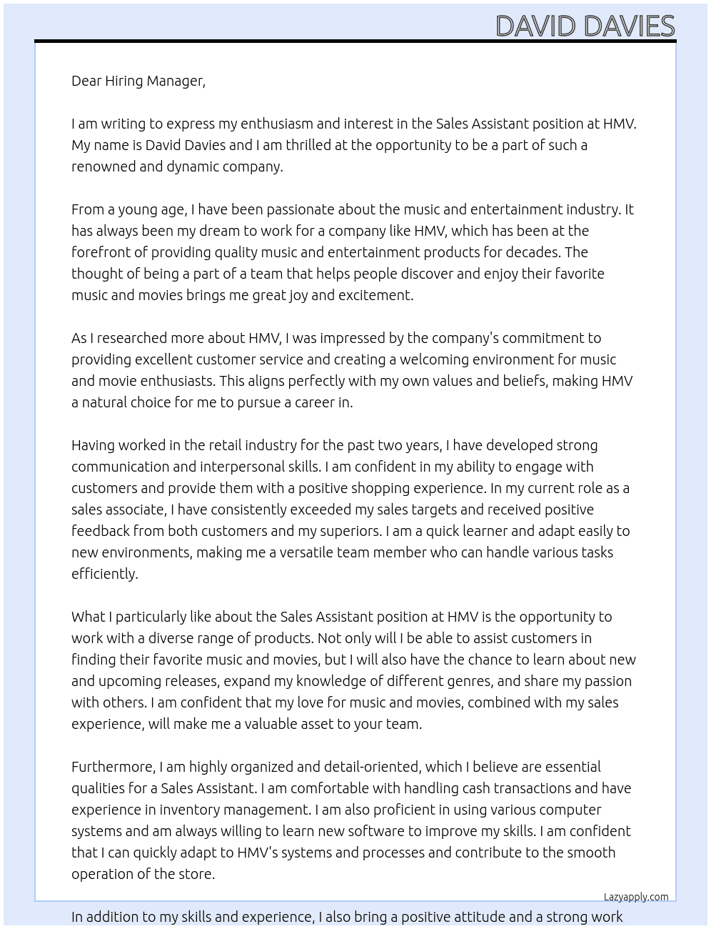 sales assistant At HMV Cover Letter