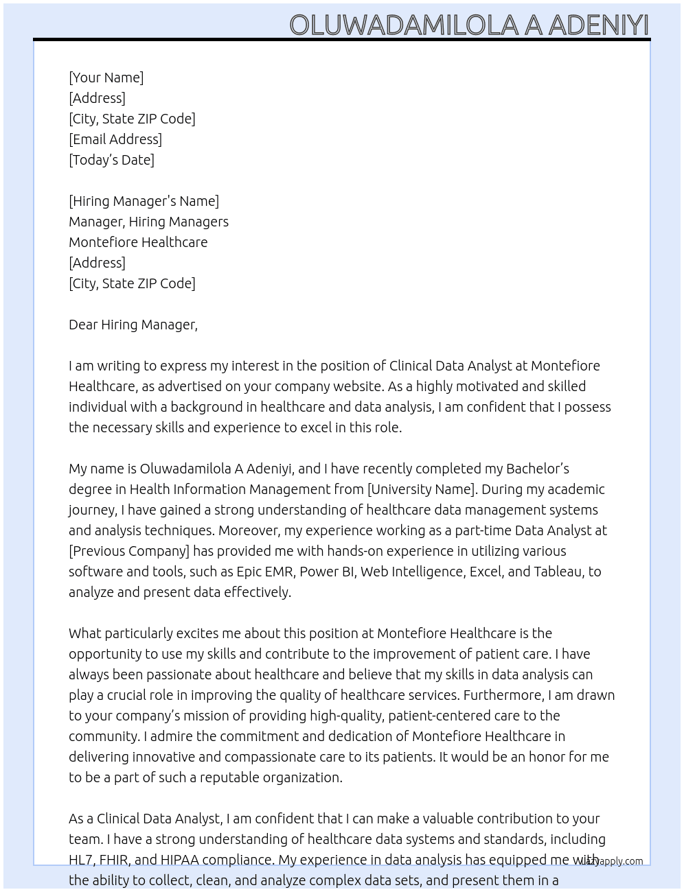 Clinical Data Analyst At Montifiore Healthcare  Cover Letter