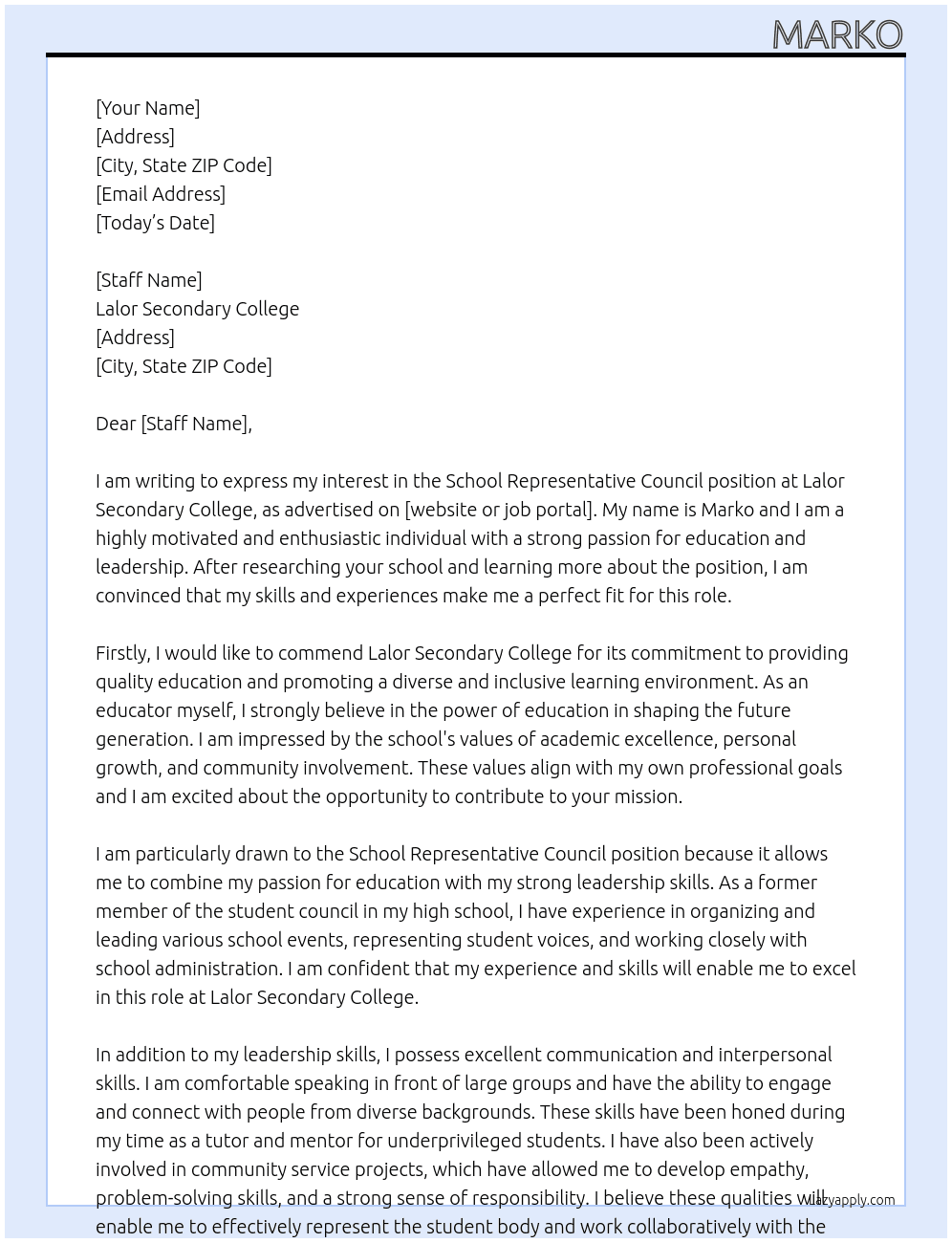 School Representative Council At Lalor Secondary College Cover Letter