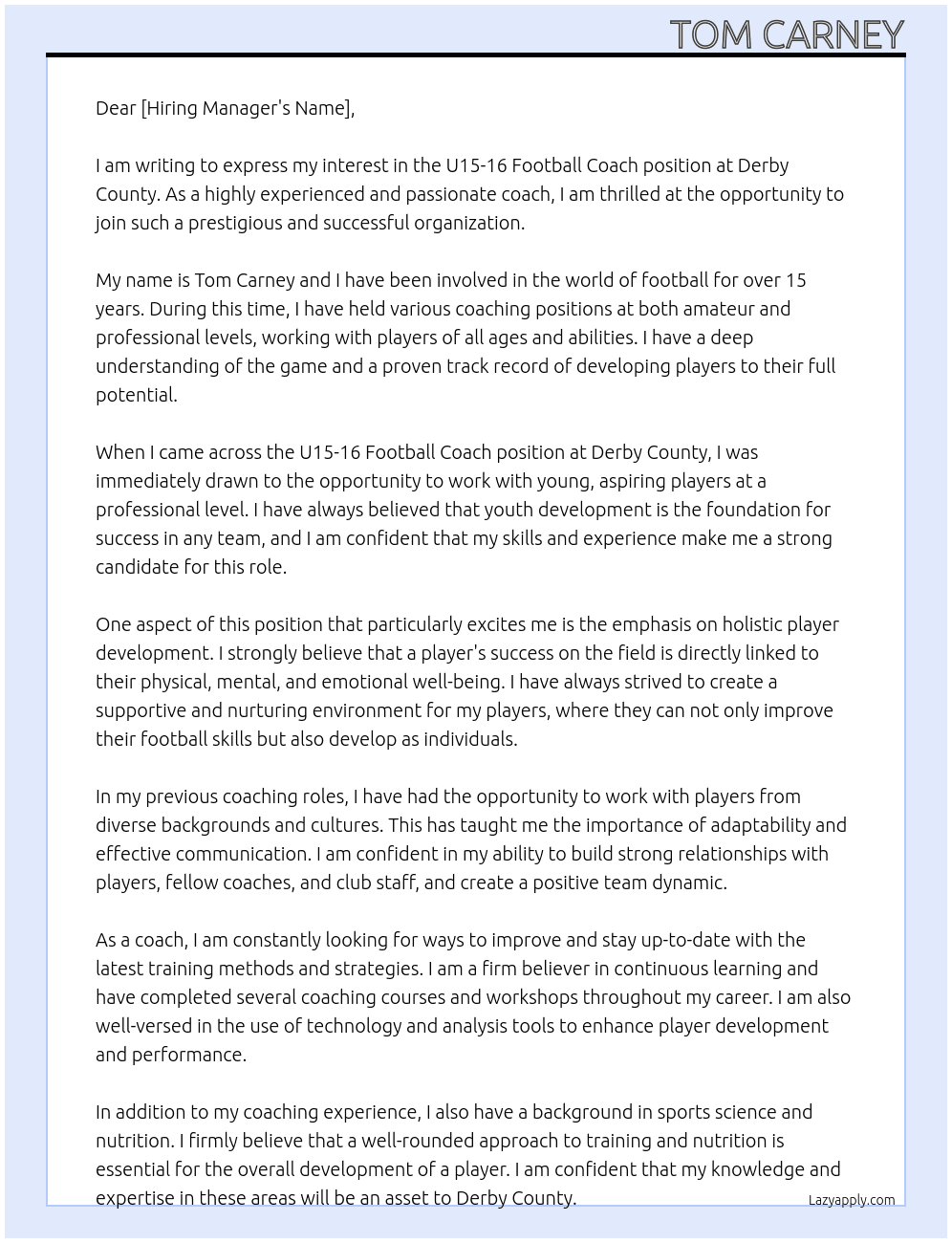 U15-16 Football Coach At Derby County Cover Letter