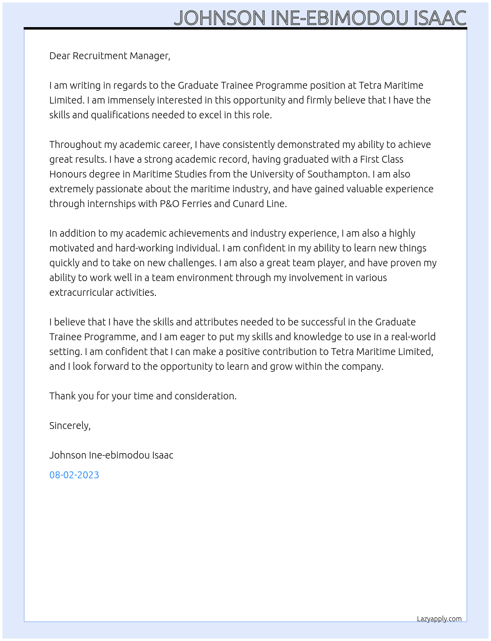 Graduate Trainee Programme  At Tetra Maritime Limited  Cover Letter