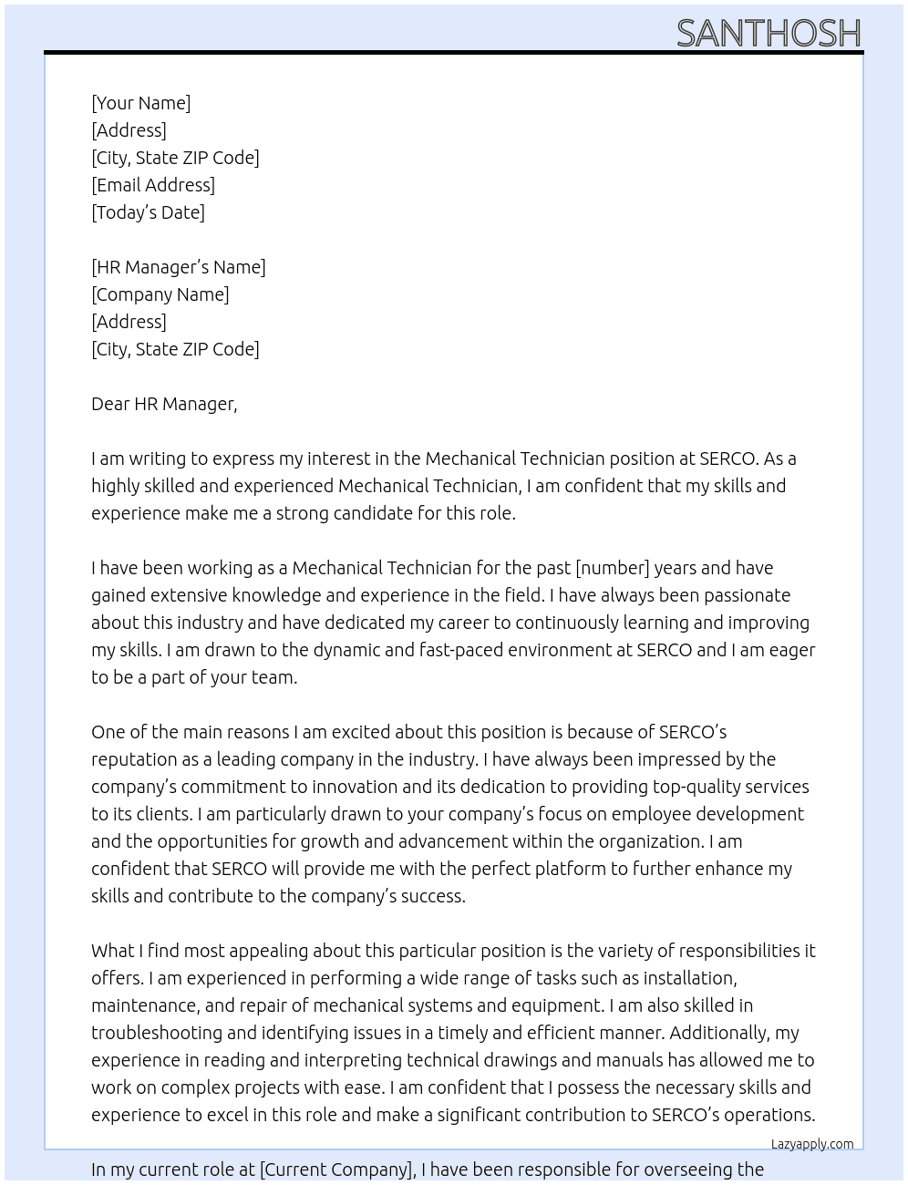 MECHANICAL TECHNICIAN At SERCO Cover Letter