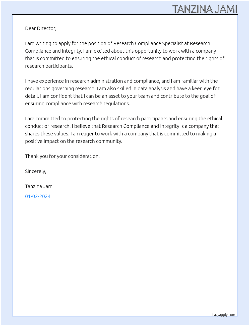 Research Compliance Specialist  At Research Compliance and Integrity Cover Letter