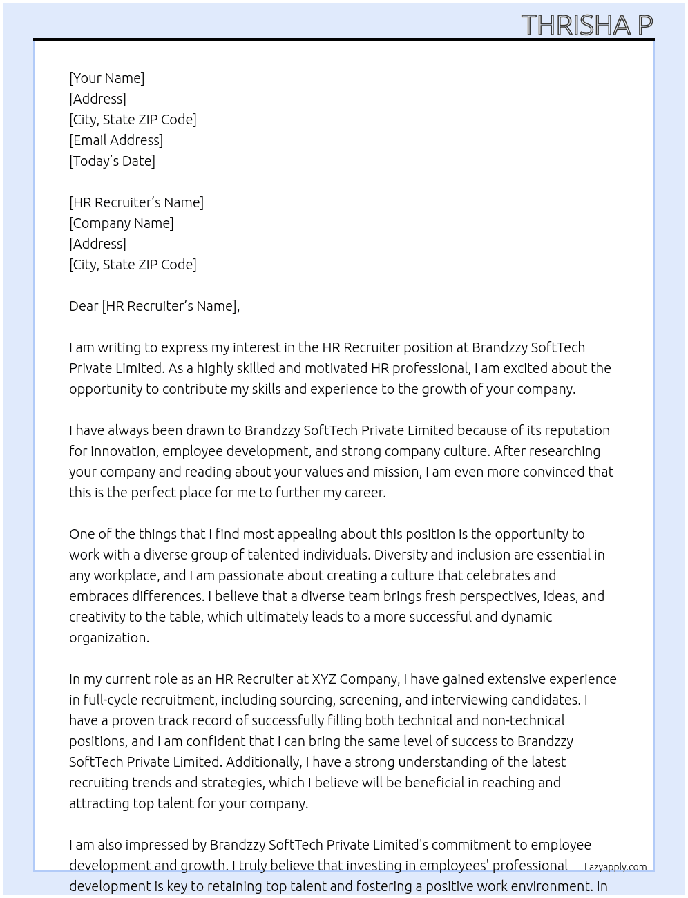 Hr Recruiter  At Brandzzy SoftTech Private Limited Cover Letter
