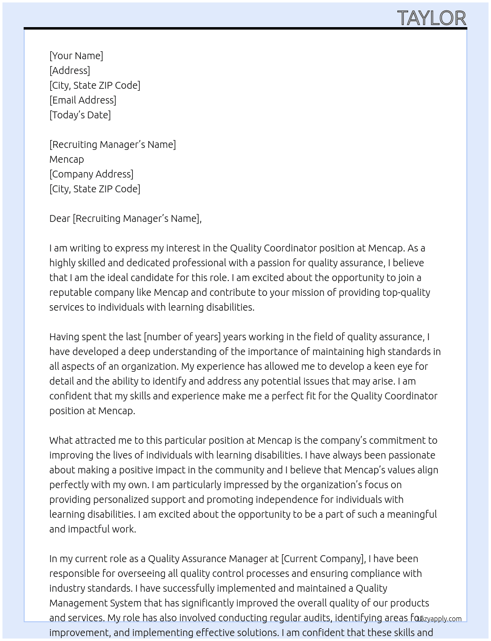 Quality Coordinator  At Mencap Cover Letter