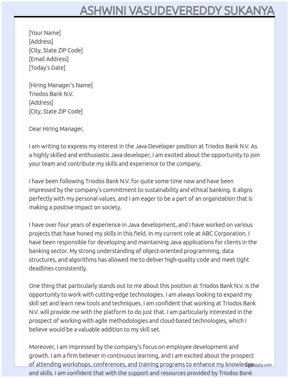 Java developer At Triodos Bank N.V. Cover Letter