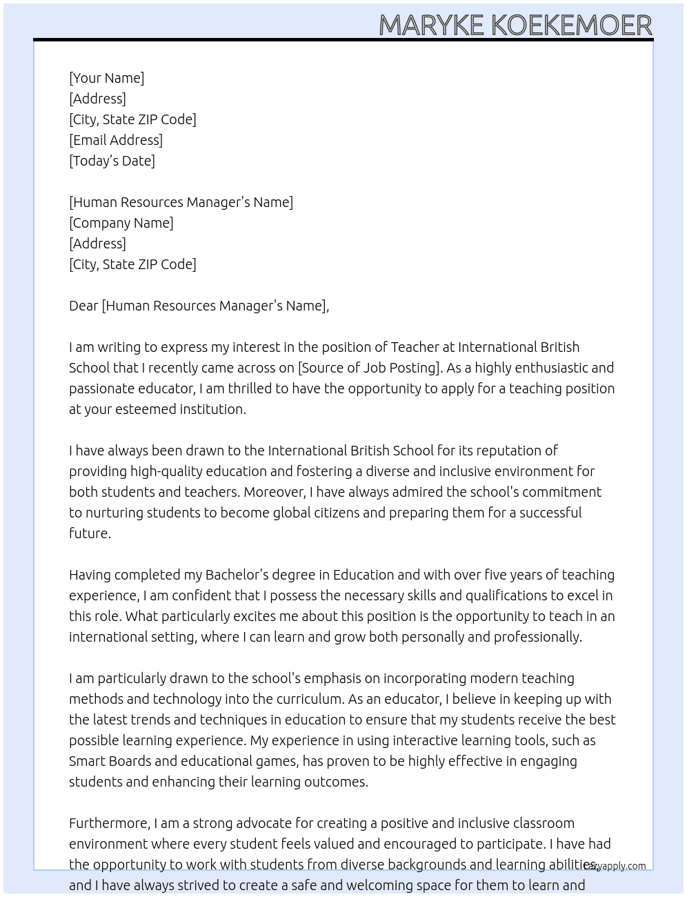 Teacher At International British School Cover Letter