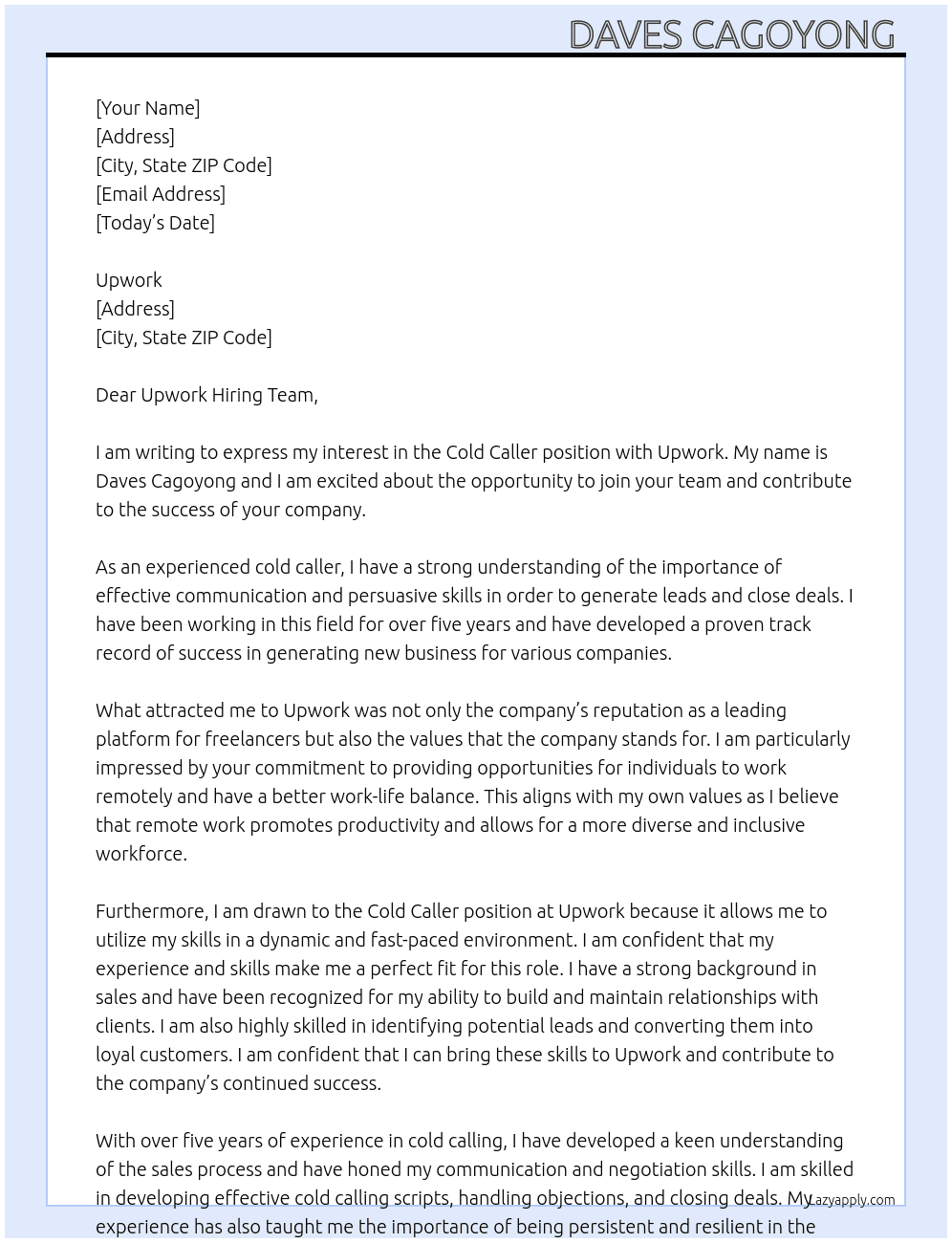 Cold Caller At Upwork Cover Letter