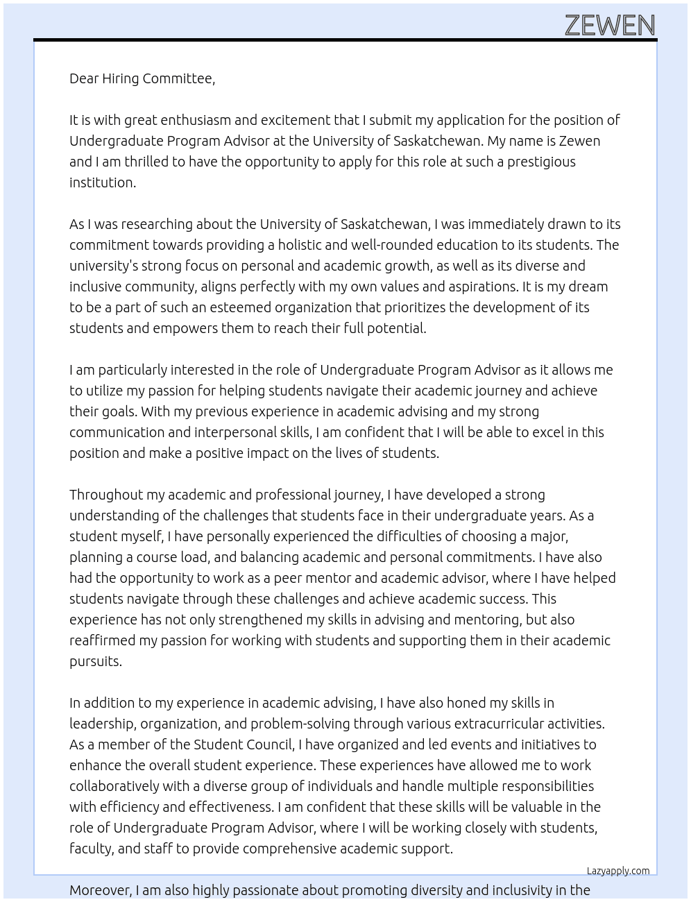 Undergraduate Program Advisor At University of Saskatchewan Cover Letter